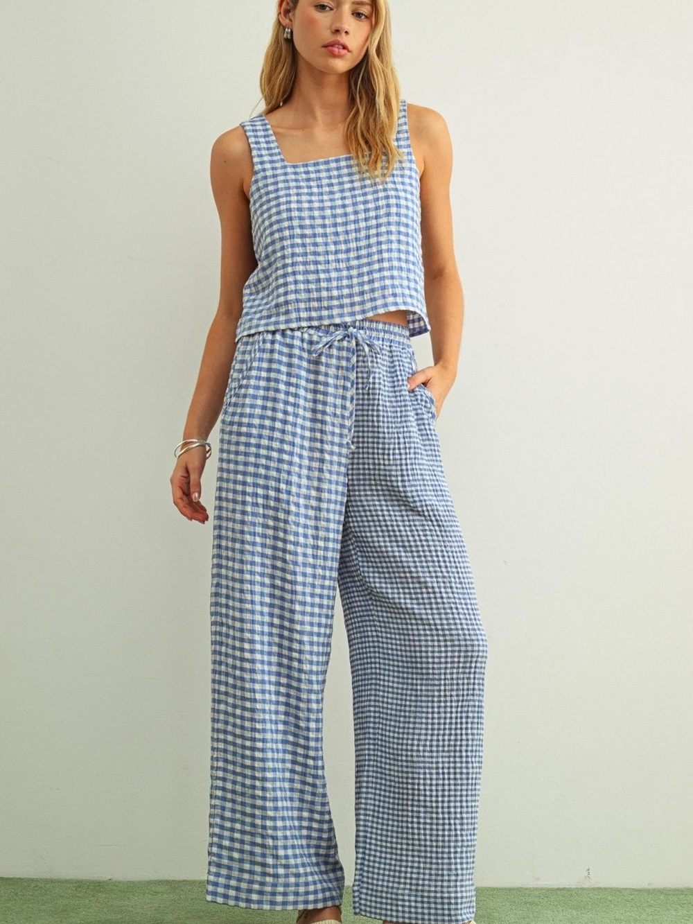 Blue Gingham Square-Neck Tank Top